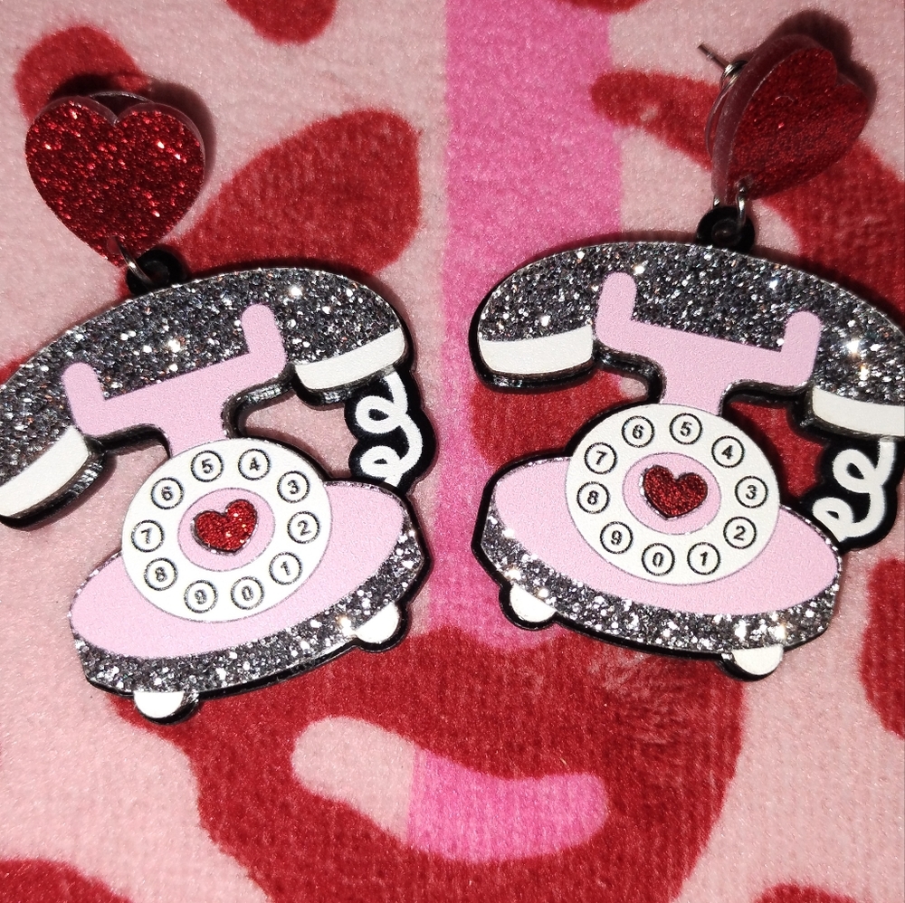 3/$30 Retro Pink and Silver Telephone  Earrings
